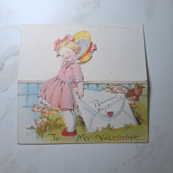 Vintage Valentine Cut Out Card Featuring Girl With Heart Ephemera Junk Journal - Picture 2 of 6